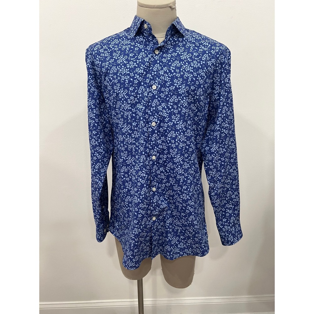 Banana Republic Button Down Shirt Men Large Blue Floral Camden Fit Supima Cotton